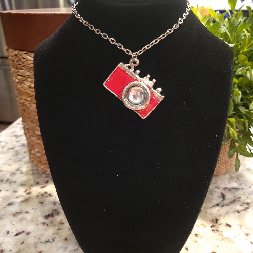 Red and Silver Camera Pendant Necklace